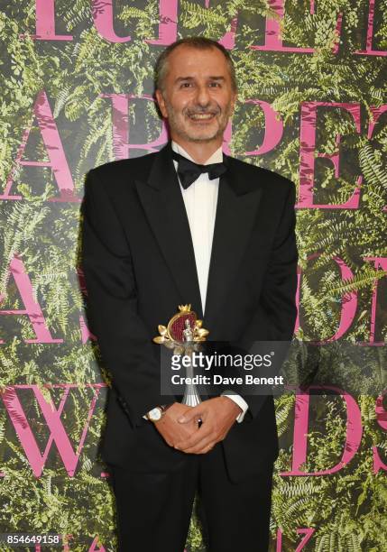 Guglielmo Fiocchi poses with the Technology and Innovation award, given to Orange Fiber and Newlife, at The Green Carpet Fashion Awards, Italia, at...