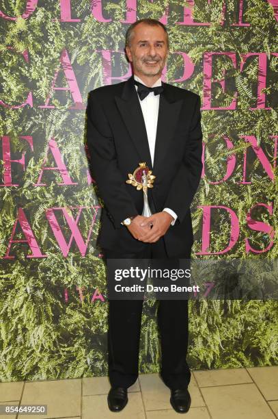 Guglielmo Fiocchi poses with the Technology and Innovation award, given to Orange Fiber and Newlife, at The Green Carpet Fashion Awards, Italia, at...