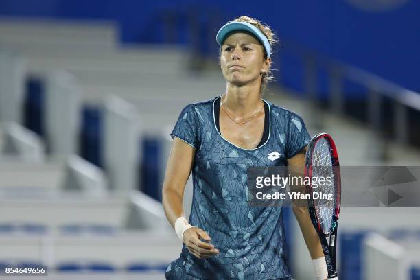 Varvara Lepchenko of the United States reacts during the third round Ladies Singles match against Alize Cornet of France on Day 4 of 2017 Dongfeng...