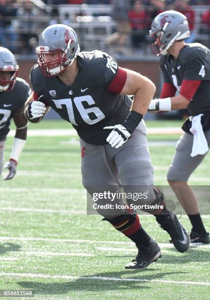 Washington State offensive lineman Cody O'Connell pursues a defender to block during the game between the Oregon State Beavers and the Washington...