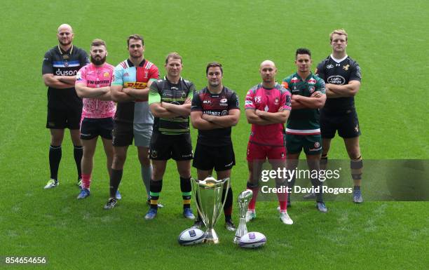 Matt Garvey of Bath Rugby, Luke Cowan-Dickie of Exeter Chiefs, James Horwill, Harlequins, Dylan Hartley, Northampton Saints, Brad Barritt, Willi...