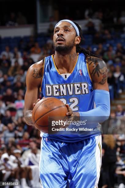 Renaldo Balkman of the Denver Nuggets shoots a free throw during the game against the Sacramento Kings at Arco Arena on March 8, 2009 in Sacramento,...