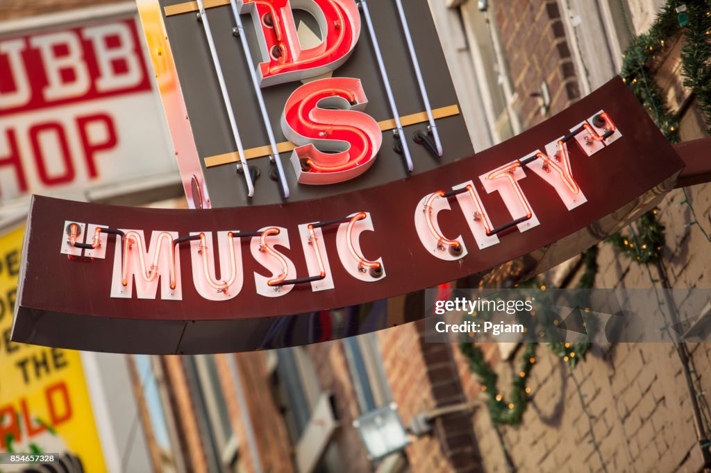 Music city neon lights Nashville, Tennessee USA