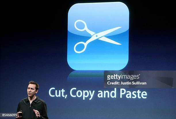Scott Forstall, Senior VP of iPhone Software, discusses the new cut and paste feature for iPhone during an event announcing the new operating system...