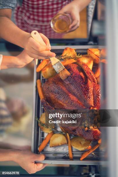 la preparación de turquía para celebrar el día de acción de gracias - bañar en su jugo durante la cocción fotografías e imágenes de stock