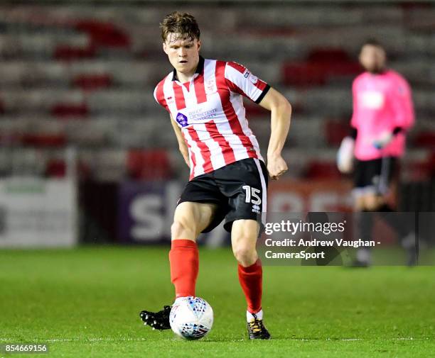 Lincoln City's Rob Dickie during the Sky Bet League Two match between Lincoln City and Barnet at Sincil Bank Stadium on September 26, 2017 in...