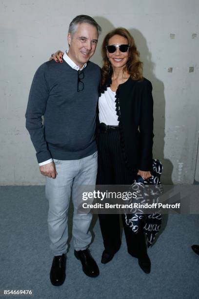 Stylist Olivier Lapidus and Marisa Berenson pose Backstage after the Lanvin show as part of the Paris Fashion Week Womenswear Spring/Summer 2018 on...