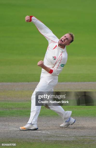 Liam Livingstone of Lancashire celebrates after getting 5 wickets during the County Championship Division One match between Lancashire and Surrey at...