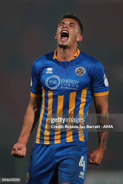 Ben Godfrey of Shrewsbury Town celebrates during the Sky Bet League One match between Doncaster Rovers and Shrewsbury Town at Keepmoat Stadium on...