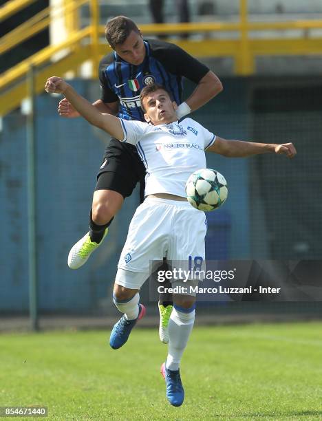 Zinho Vanheusden of FC Internazionale competes for the ball with Yuriy Kozyrenko of Dynamo Kiev during the UEFA Youth League Domestic Champions Path...