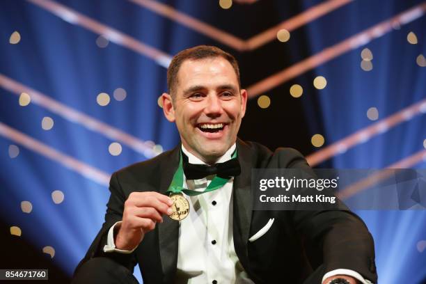 Cameron Smith of the Storm poses after winning the Dally M Medal during the 2017 Dally M Awards at The Star on September 27, 2017 in Sydney,...