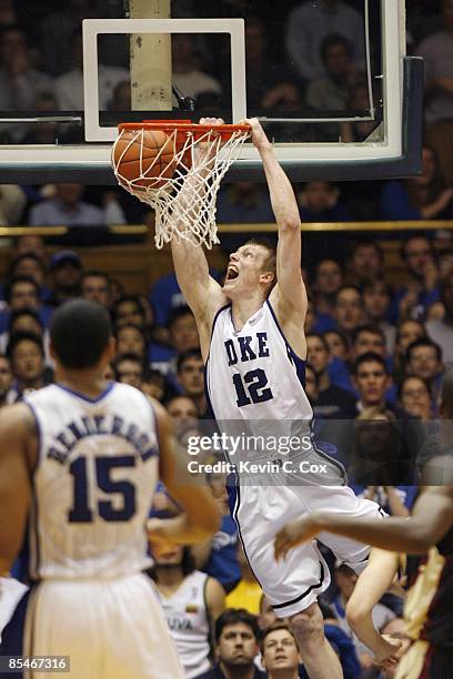 Kyle Singler of the Duke Blue Devils dunks against the Florida State Seminoles during the game on March 3, 2009 at Cameron Indoor Stadium in Durham,...