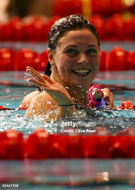Ellan Gandy celebrates winning the Women's Open 100m Butterfly Final during day two of the British Gas Swimming Championships at Ponds Forge on March...