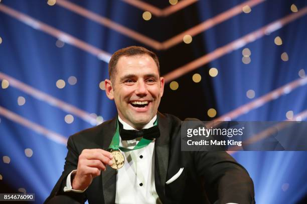 Cameron Smith of the Storm poses after winning the Dally M Medal during the 2017 Dally M Awards at The Star on September 27, 2017 in Sydney,...