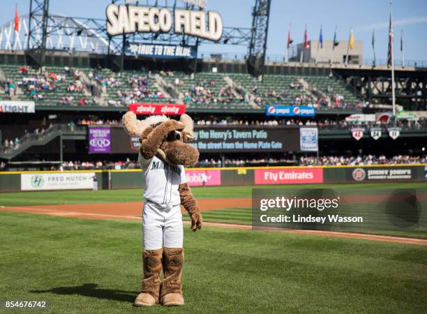 The Mariner Moose looks across the field before the game between the Cleveland Indians and Seattle Mariners at Safeco Field on September 23, 2017 in...