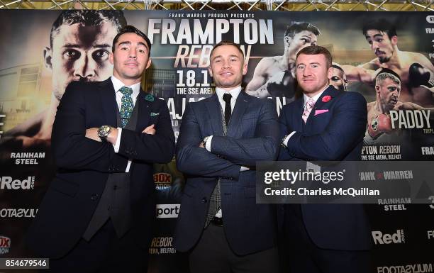 Carl Frampton attends a press conference alongside fellow Belfast boxers Jamie Conlan and Paddy Barnes to announce details of his partnership with...