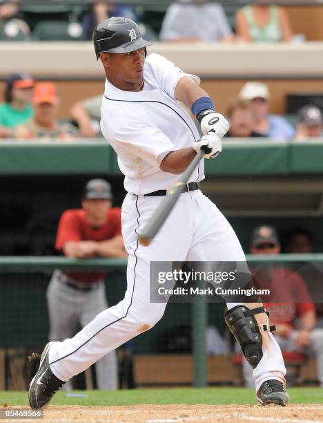 Wilkin Ramirez of the Detroit Tigers bats against the Houston Astros during the spring training game at Joker Marchant Stadium March 17, 2009 in...