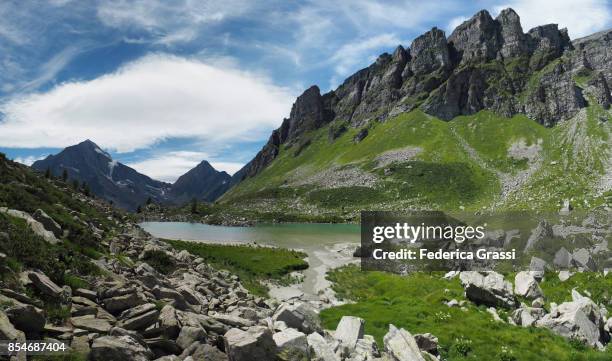 woman and child walking in the water of alpine lake lago bianco, alpe veglia natural park - veglia ストックフォトと画像