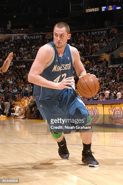 Kevin Love of the Minnesota Timberwolves makes a move to the basket during the game against the Los Angeles Lakers at Staples Center on March 6, 2009...