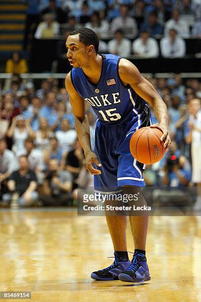 Gerald Henderson of the Duke Blue Devils dribbles during the game against the North Carolina Tar Heels at the Dean E. Smith Center on March 8, 2009...