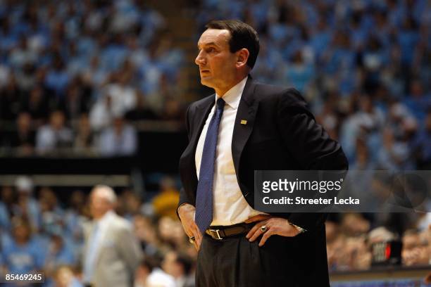 Head coach Mike Krzyzewski of the Duke Blue Devils looks on during the game against the North Carolina Tar Heels at the Dean E. Smith Center on March...