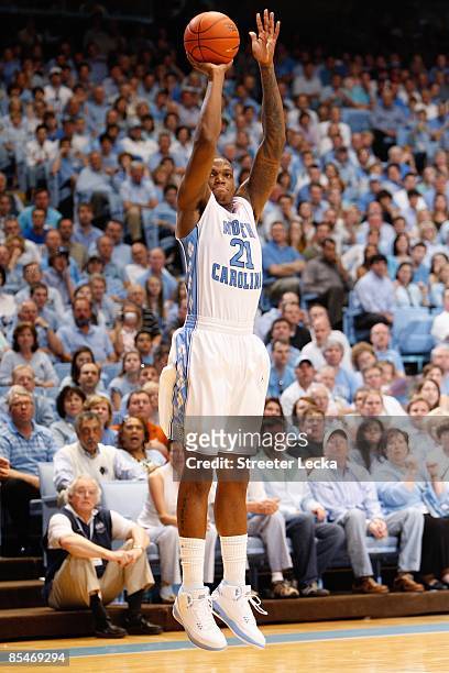 Deon Thompson of the North Carolina Tar Heels shoots a jump shot against the Duke Blue Devils during the game at the Dean E. Smith Center on March 8,...
