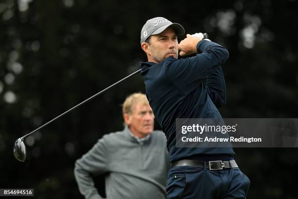 Former footballer Jason McAteer in action during the pro am ahead of the British Masters at Close House Golf Club on September 27, 2017 in Newcastle...