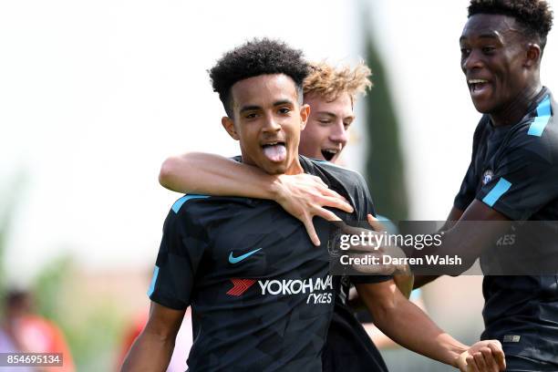 Jacob Maddox of Chelsea celebrates his goal with Charlie Brown during the UEFA Champions League group C match between Atletico Madrid and Chelsea FC...