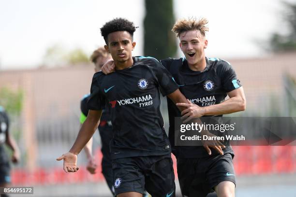 Jacob Maddox of Chelsea celebrates his goal with Charlie Brown during the UEFA Champions League group C match between Atletico Madrid and Chelsea FC...