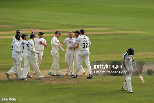 Jamie Porter of Essex celebrates the wicket of Kraigg Brathwaite of Yorkshire during day three of the Specsavers County Championship Division One...