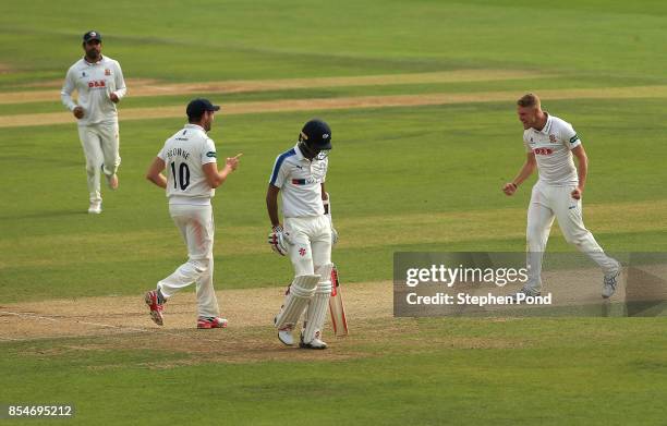 Jamie Porter of Essex celebrates the wicket of Kraigg Brathwaite of Yorkshire during day three of the Specsavers County Championship Division One...