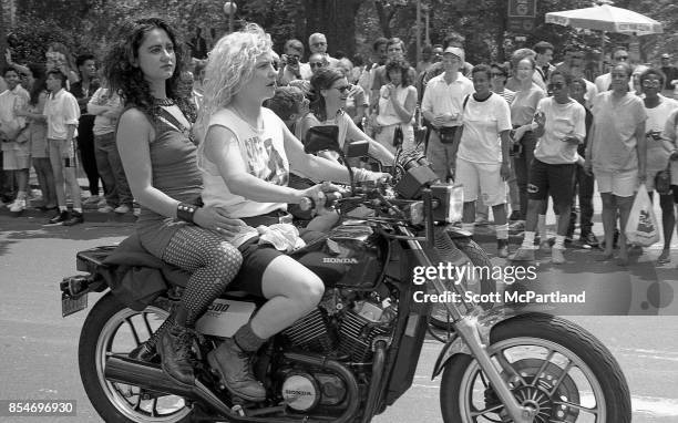 Activists from the LGBTQ community ride their motorcycles at the start of the Gay Pride Parade, commemorating the 20th anniversary of the Stonewall...