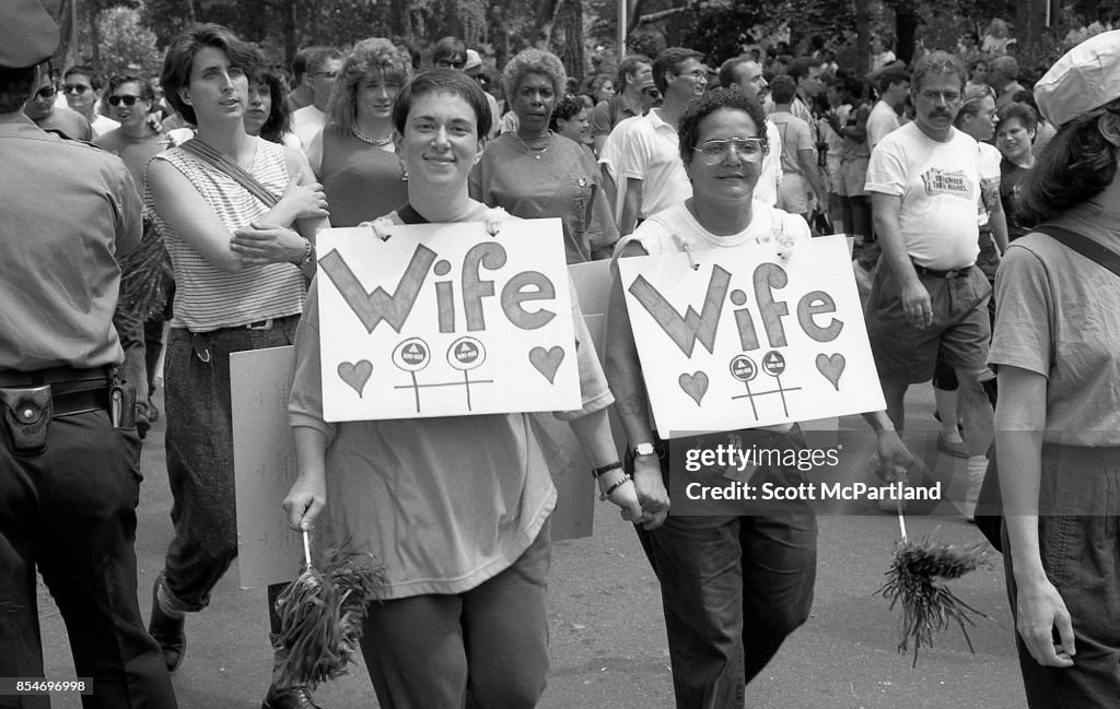 Same Sex Couple Smiling, Holding Hands - Gay Pride Parade NYC 1989