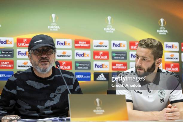 Head coach of Atiker Konyaspor, Mustafa Resit Akcay and Nejc Skubic of Atiker Konyaspor hold a press conference ahead of UEFA Europa League Group I...