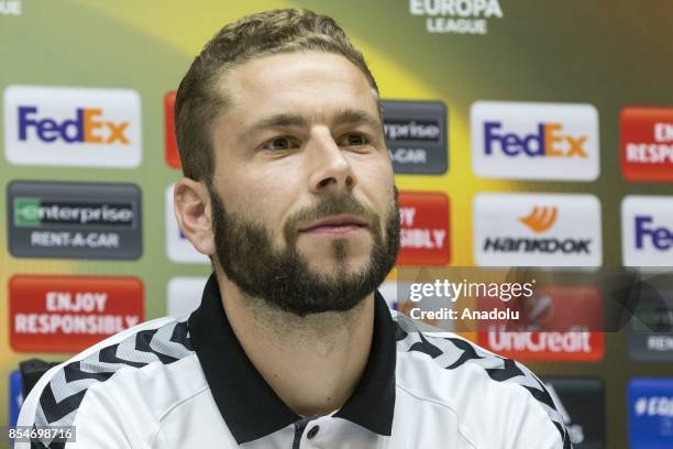 Nejc Skubic of Atiker Konyaspor holds a press conference ahead of UEFA Europa League Group I soccer match between Atiker Konyaspor and Vitoria...