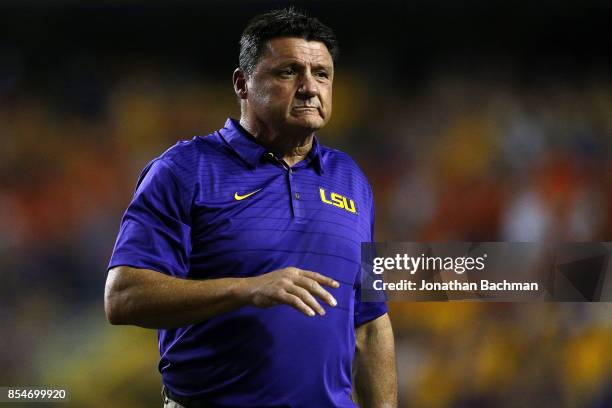 Head coach Ed Orgeron of the LSU Tigers reacts during a game against the Syracuse Orange at Tiger Stadium on September 23, 2017 in Baton Rouge,...