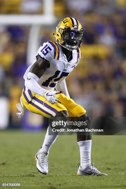 Donte Jackson of the LSU Tigers defends during a game against the Syracuse Orange at Tiger Stadium on September 23, 2017 in Baton Rouge, Louisiana.