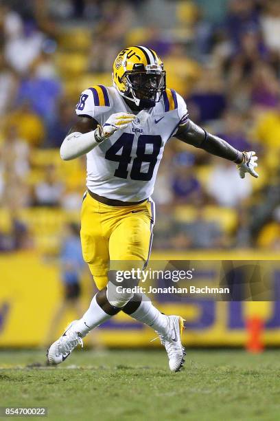 Donnie Alexander of the LSU Tigers defends during a game against the Syracuse Orange at Tiger Stadium on September 23, 2017 in Baton Rouge, Louisiana.