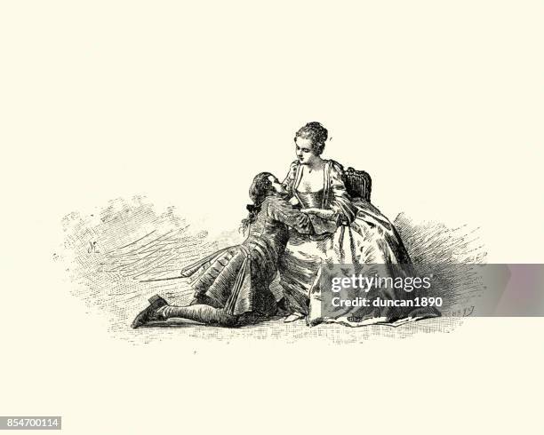 manon lescaut - young man pleading with a woman - french literature stock illustrations