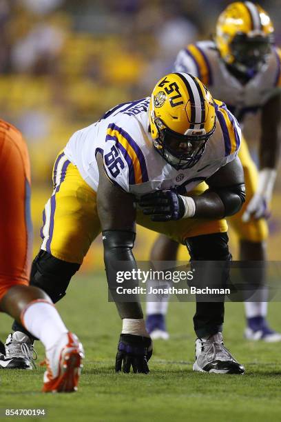 Toby Weathersby of the LSU Tigers lines up during a game against the Syracuse Orange at Tiger Stadium on September 23, 2017 in Baton Rouge, Louisiana.