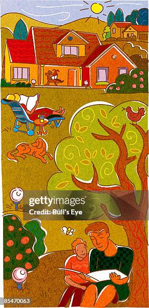 a family reading outdoors in their backyard - family backyard dog stock illustrations