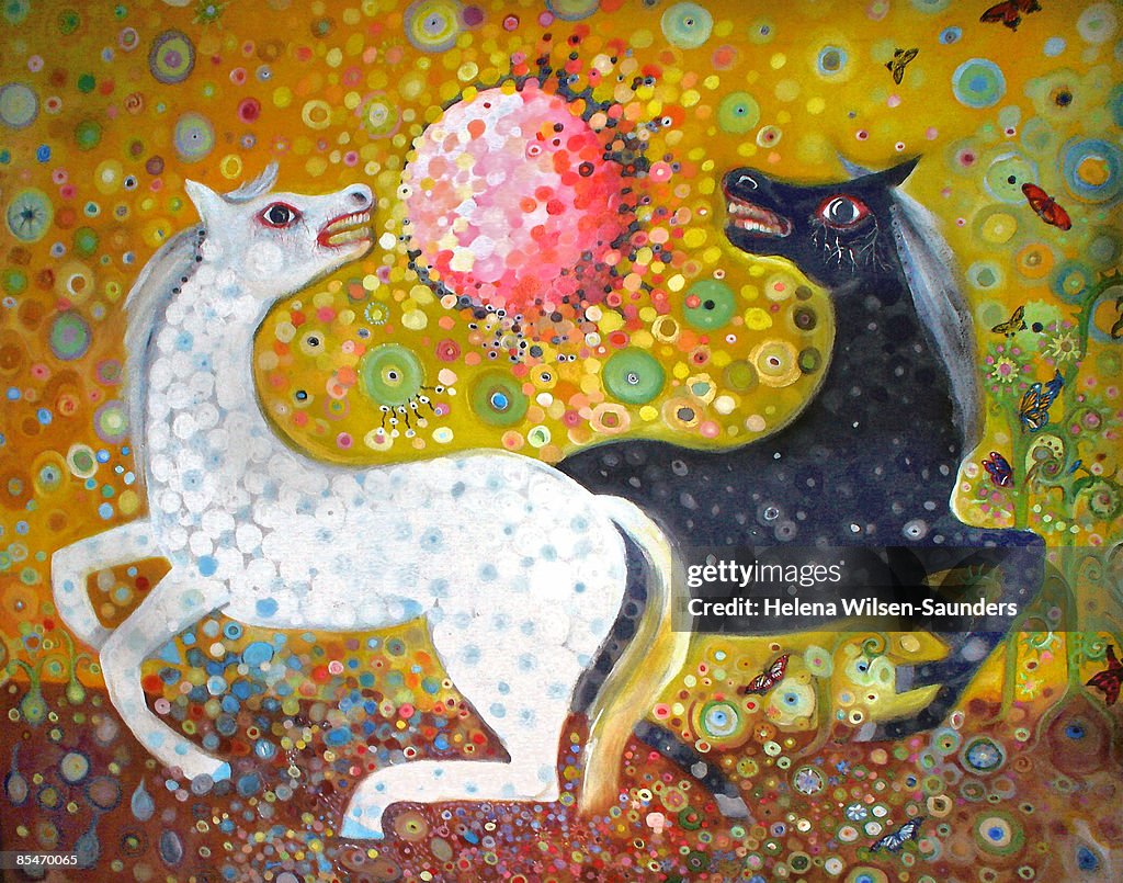 A black and a white horse against a decorative background