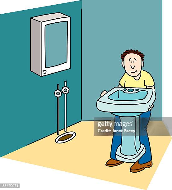stockillustraties, clipart, cartoons en iconen met a man installing a new sink - standing on one leg