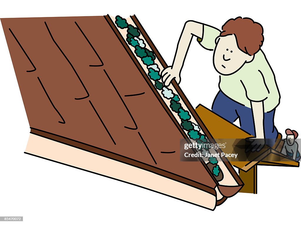 Two people cleaning the gutters