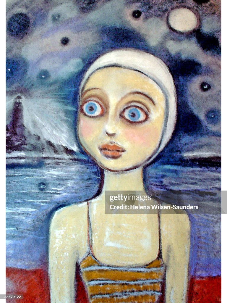 A girl in a swimsuit and cap on the beach at night time