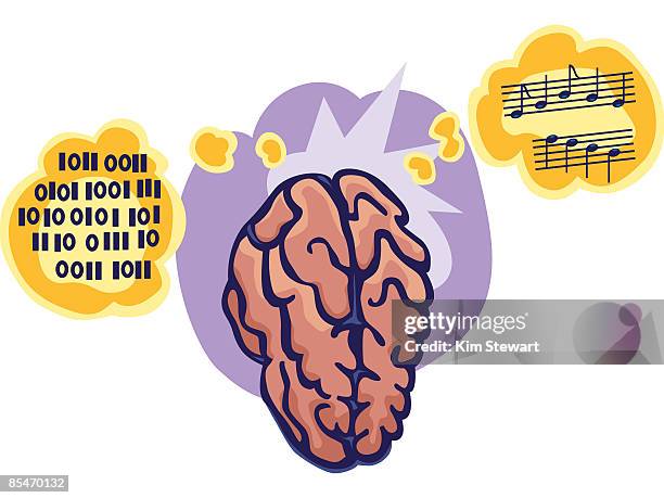 an illustration about lateral thinking with a brain, binary code and sheet music - human brain lateral stock illustrations