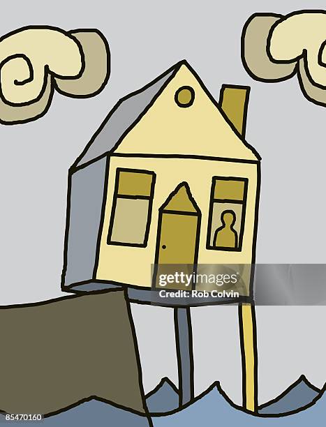 illustrations, cliparts, dessins animés et icônes de a house on the edge of a cliff being held up on a stilt over the water - cible facile