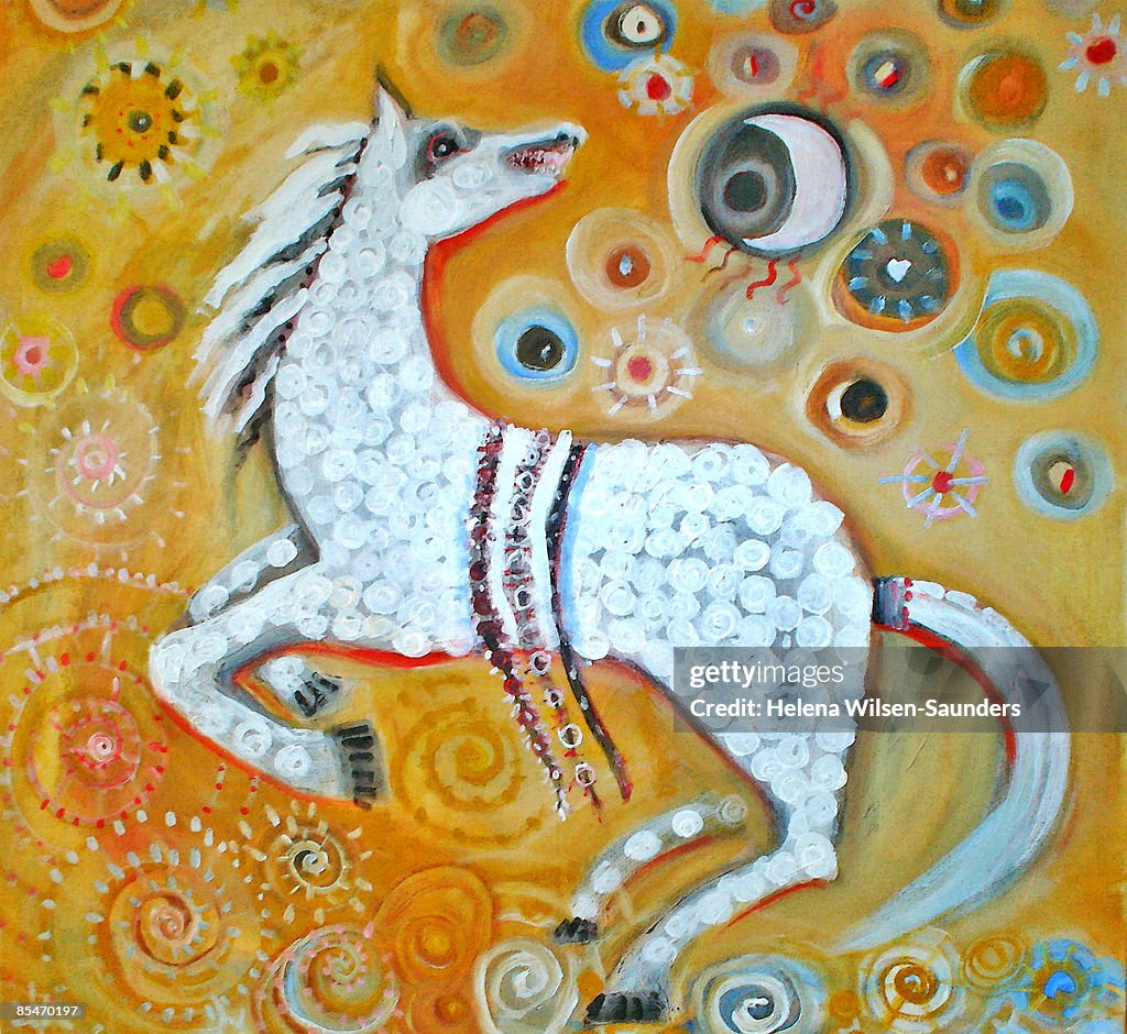 A white horse on a decorative background