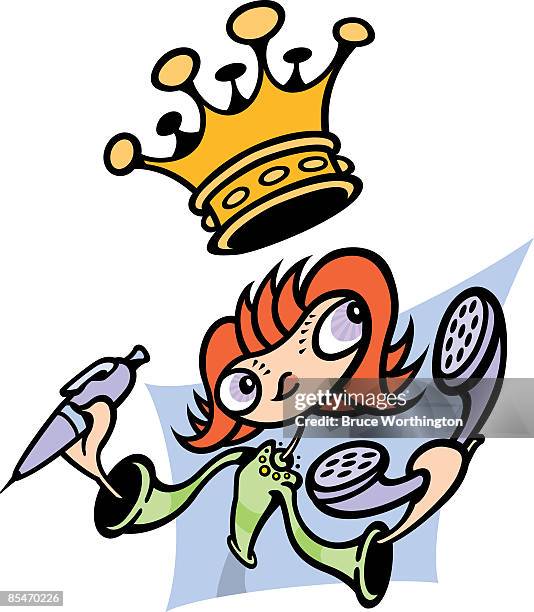 stockillustraties, clipart, cartoons en iconen met a woman taking notes while on the phone and a gold crown above her head - administrative professionals day