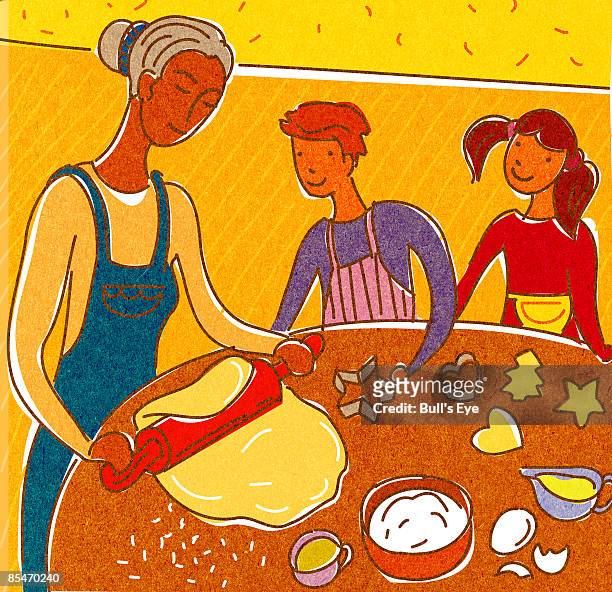 ilustraciones, imágenes clip art, dibujos animados e iconos de stock de a mother and children making cookies - mujer joven cocinando